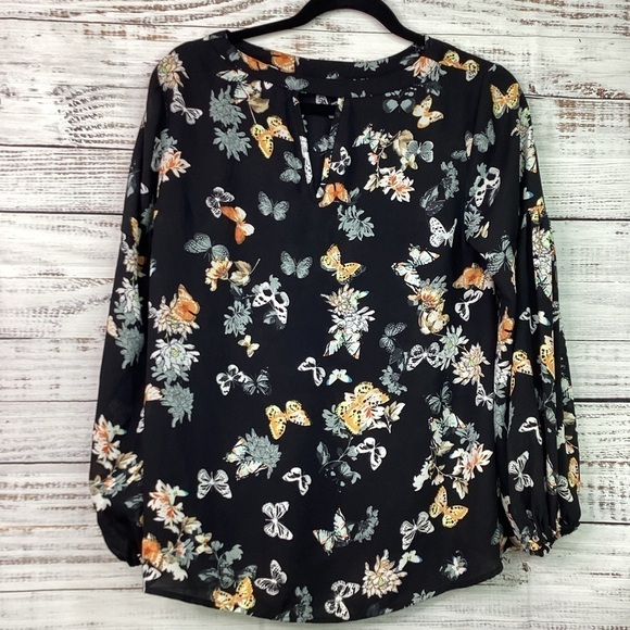 PHILOSOPHY SIZE S BLACK BUTTERFLIES FLORAL WORK TOP SPRING SUMMER BLOUSE GUC - Picture 3 of 13